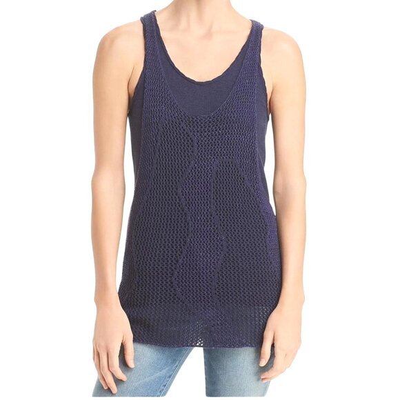 DONNA KARAN Womens Navy Textured Layered Sleeveless Scoop Neck Tank Large - Picture 1 of 11